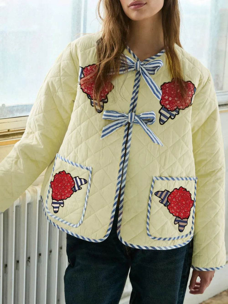 Embroidered Flower Tied Long Sleeve Winter Coat - Byyde