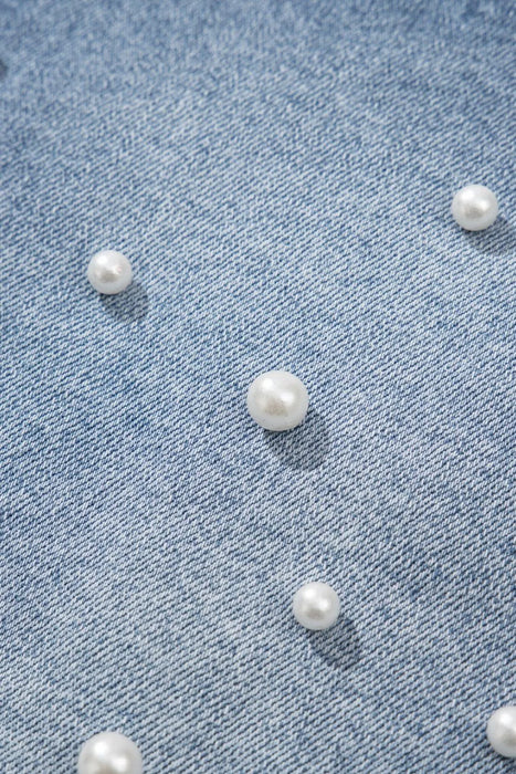 Pearl Beaded Raw Hem Wash Denim Shorts - Byyde