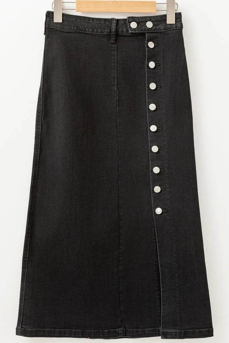Button Fly Side Split Denim Midi Skirt - Byyde