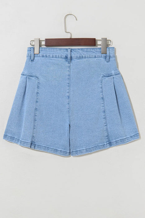 Pleated Patchwork Panel Lightweight Denim Shorts - Byyde
