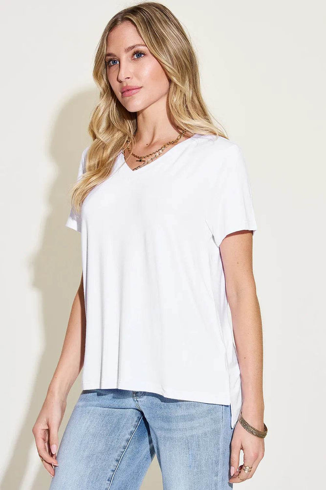 Basic Bae Full Size V-Neck High-Low T-Shirt - Byyde