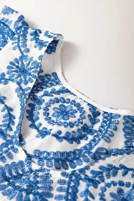 Boho Print Ruffled Cap Sleeve Crew Neck Blouse - Byyde
