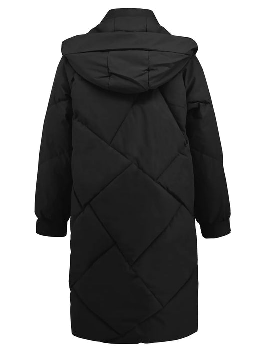 Long Sleeve Longline Hooded Winter Coat with Pockets - Byyde