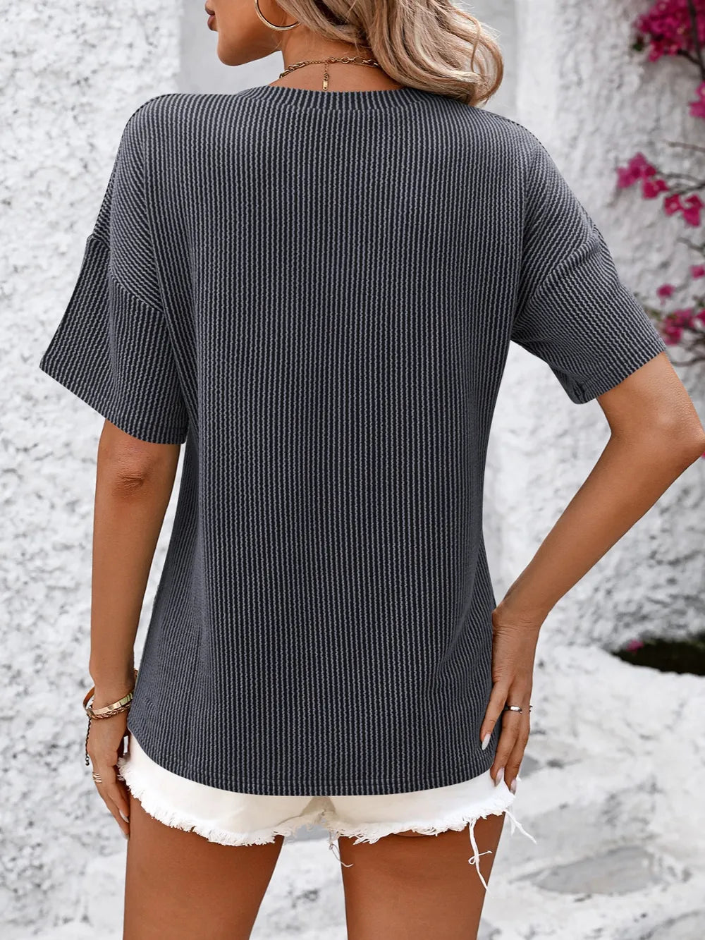 Mandy V-Neck Dropped Shoulder T-Shirt - Byyde