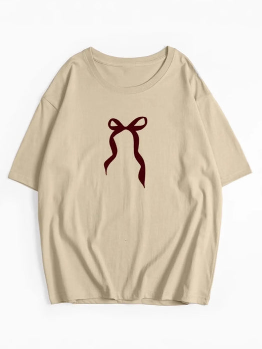 Plus Size Bow Round Neck Short Sleeve T-Shirt - Byyde