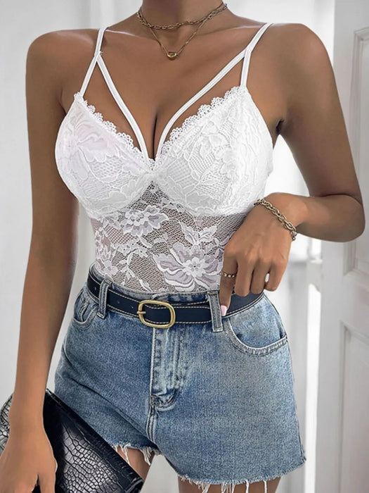 Perfee Spaghetti Strap Lace Bodysuit - Byyde
