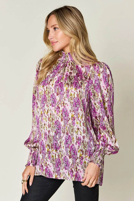 Double Take Full Size Printed Smocked Long Sleeve Blouse - Byyde