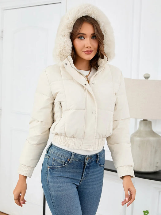 Pocketed Long Sleeve Cropped Hooded Winter Coat - Byyde