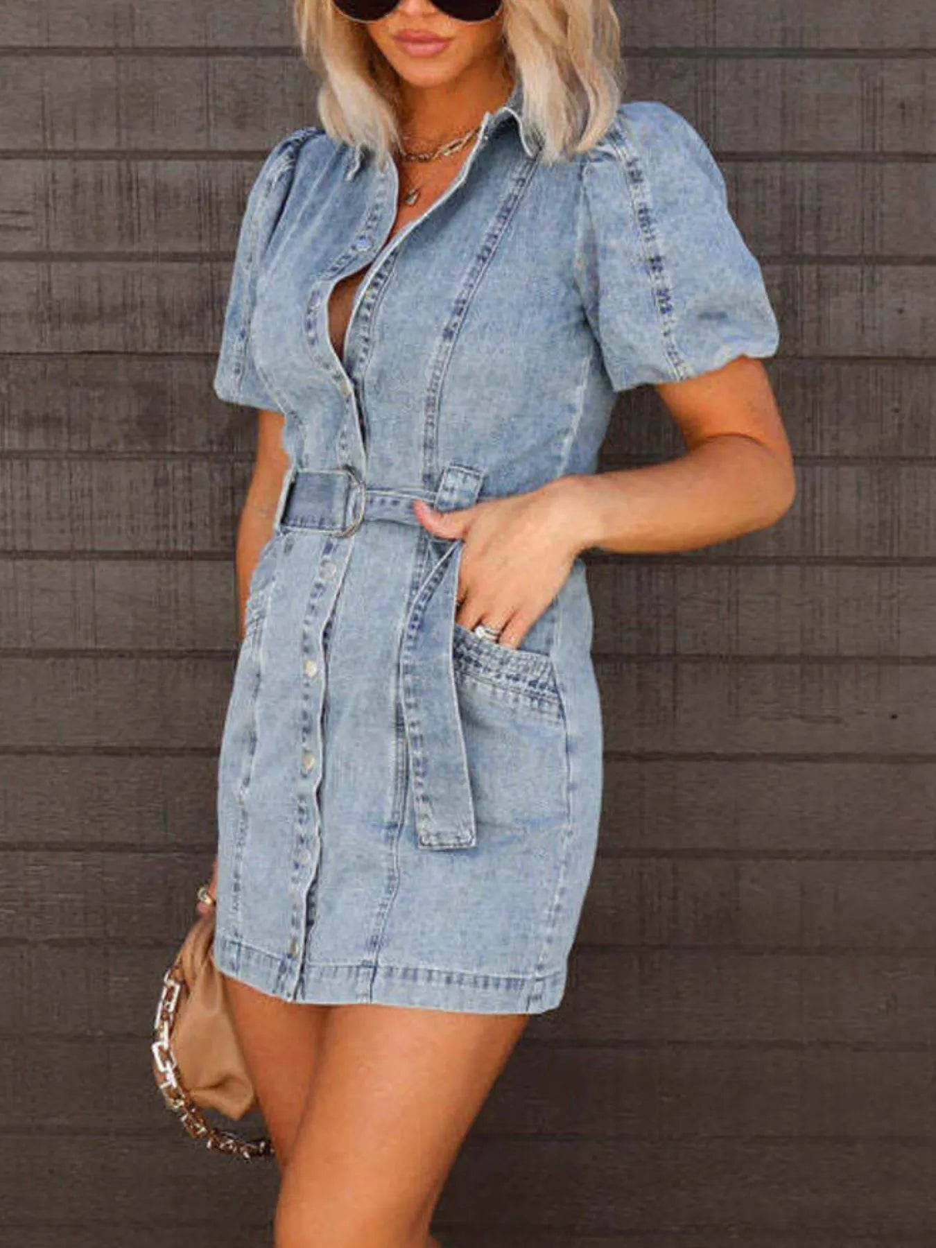 Button-Up Puff Sleeve Denim Shirt Dress - Byyde