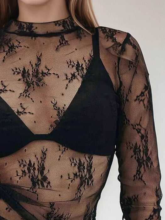 Floral Mock Neck Long Sleeve Mesh Top - Byyde
