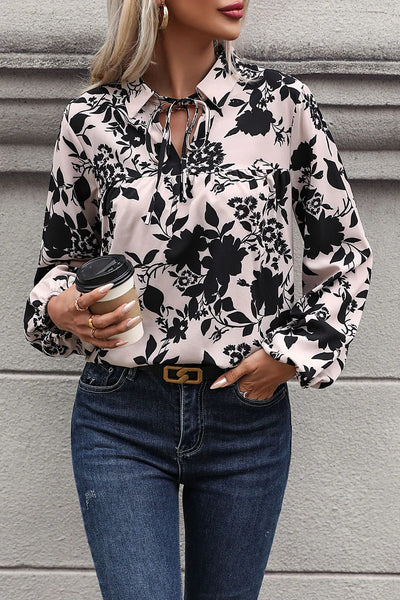 Perfee Printed Tie Neck Balloon Sleeve Blouse - Byyde