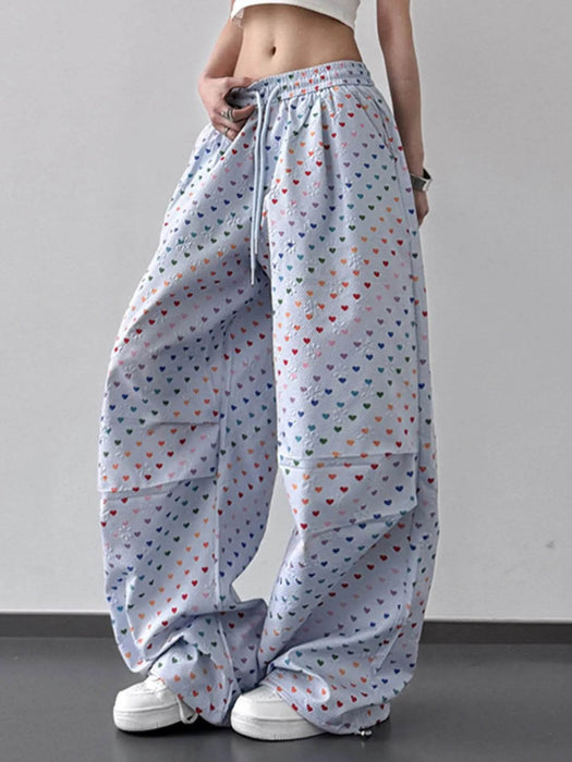 Heart Print Drawstring Wide Leg Pants - Byyde