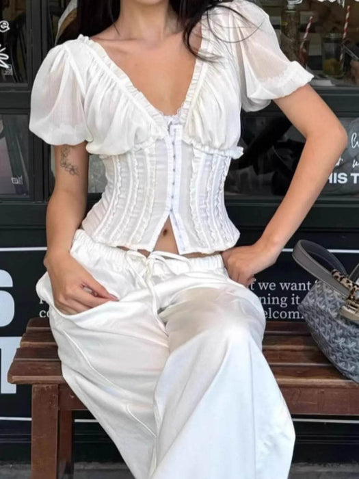 Frill V-Neck Puff Sleeve Blouse - Byyde