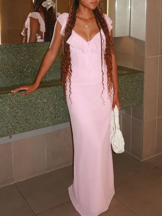 Ruffled V-Neck Sleeveless Maxi Dress - Byyde