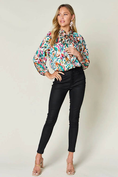 Double Take Full Size Printed Button Up Long Sleeve Shirt - Byyde
