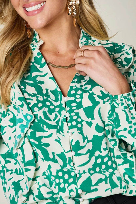 Double Take Full Size Printed Ruffle Trim Balloon Sleeve Shirt - Byyde