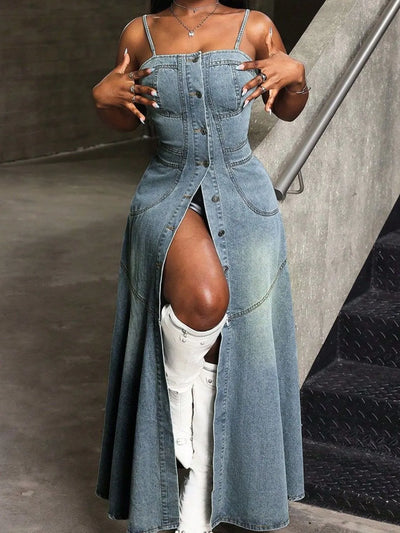 Smocked Button Front Denim Cami Dress - Byyde