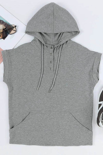 Drawstring Quarter Snap Cap Sleeve Hoodie - Byyde