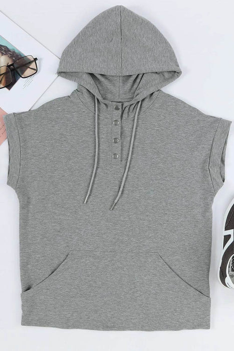 Drawstring Quarter Snap Cap Sleeve Hoodie - Byyde