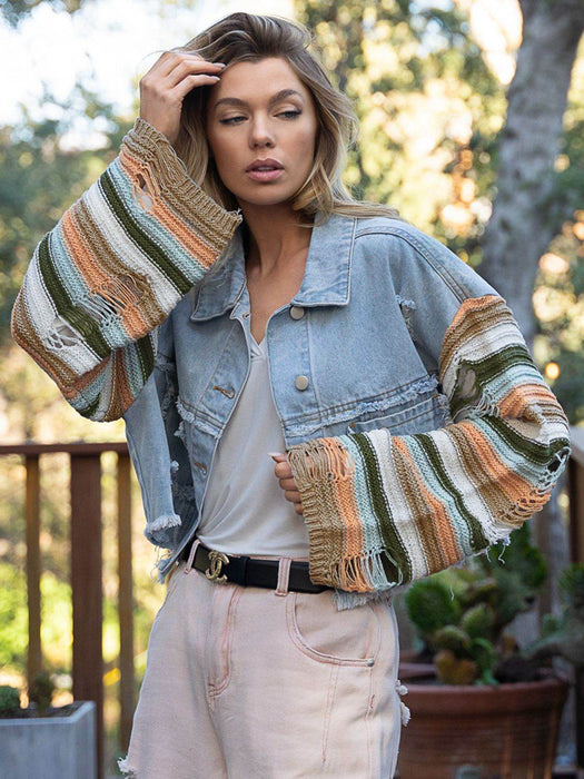 Distressed Striped Long Sleeve Denim Jacket - Byyde