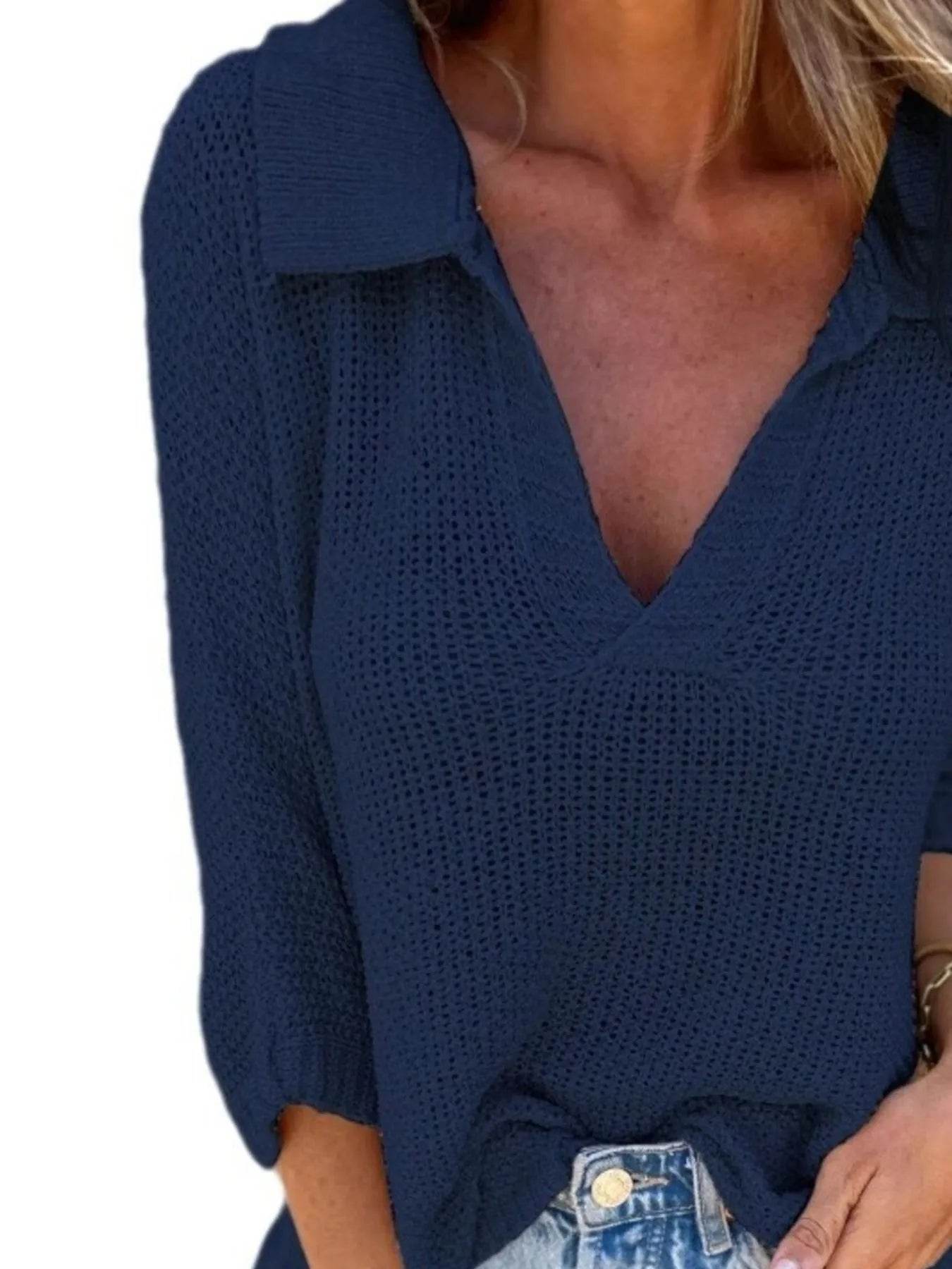 Full Size Johnny Collar Loose Knit Sweater Plus Size - Byyde