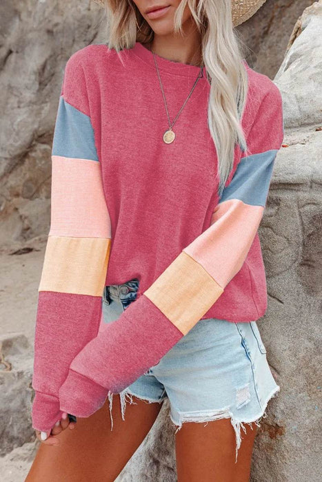 Color Block Round Neck Long Sleeve Sweatshirt - Byyde