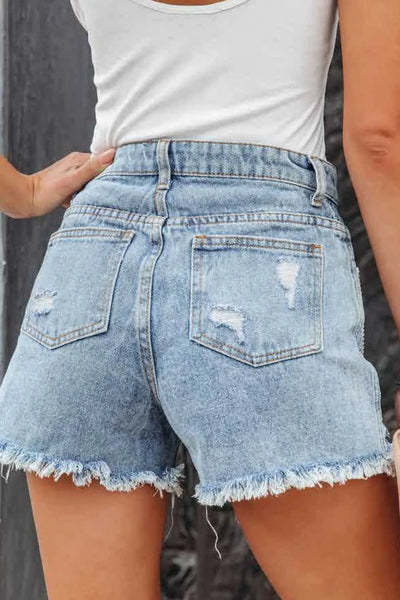 Rhinestone Fringe Distressed Denim Shorts - Byyde