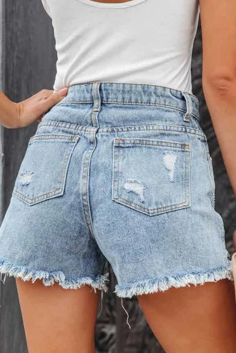 Rhinestone Fringe Distressed Denim Shorts - Byyde