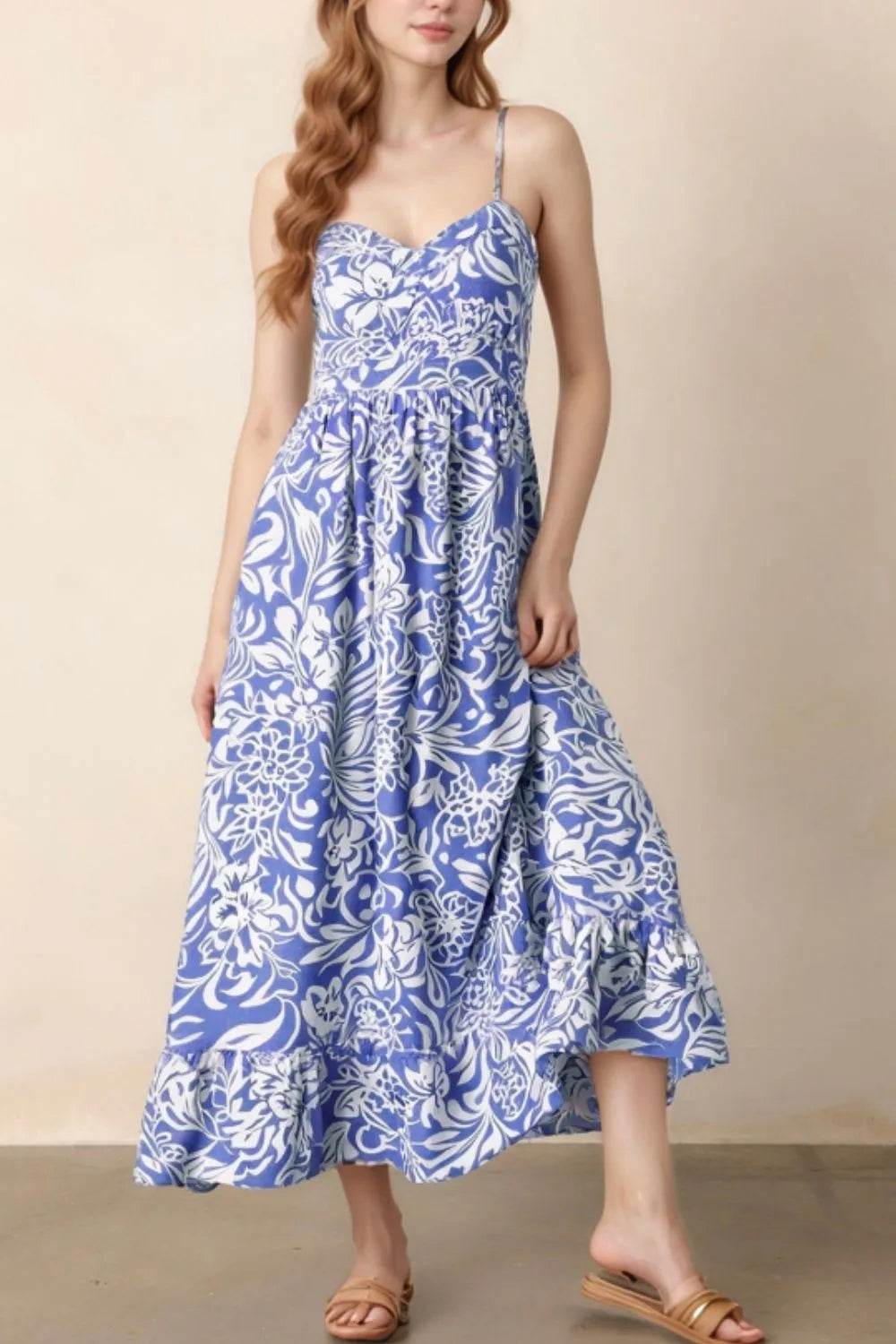 Floral Print Spaghetti Strap High Waist Dress - Byyde