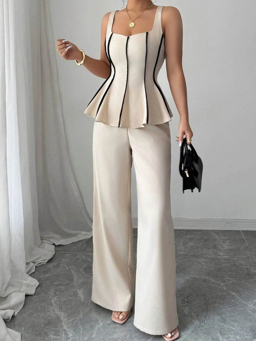 Contrast Piping Top and Wide Leg Pants Set - Byyde