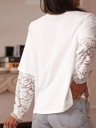 Lace Long Sleeve Insert Drop Shoulder Tee - Byyde