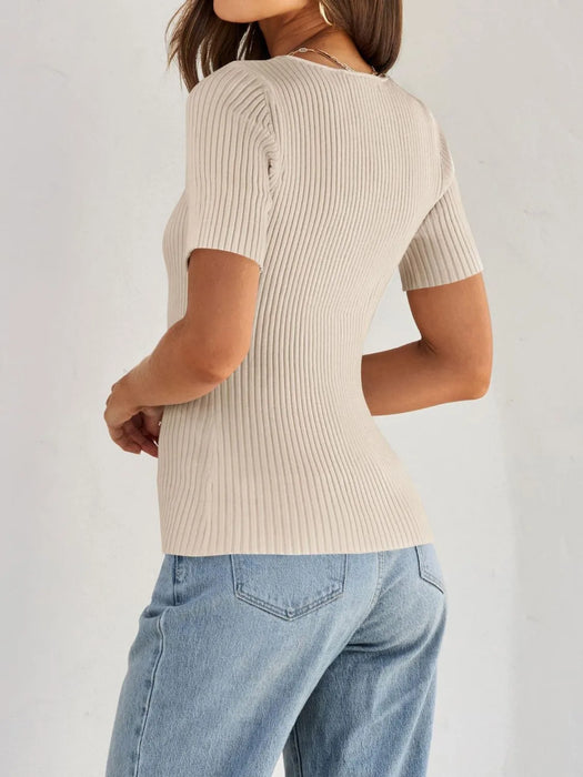 Ribbed Square Neck Short Sleeve Knit Top - Byyde