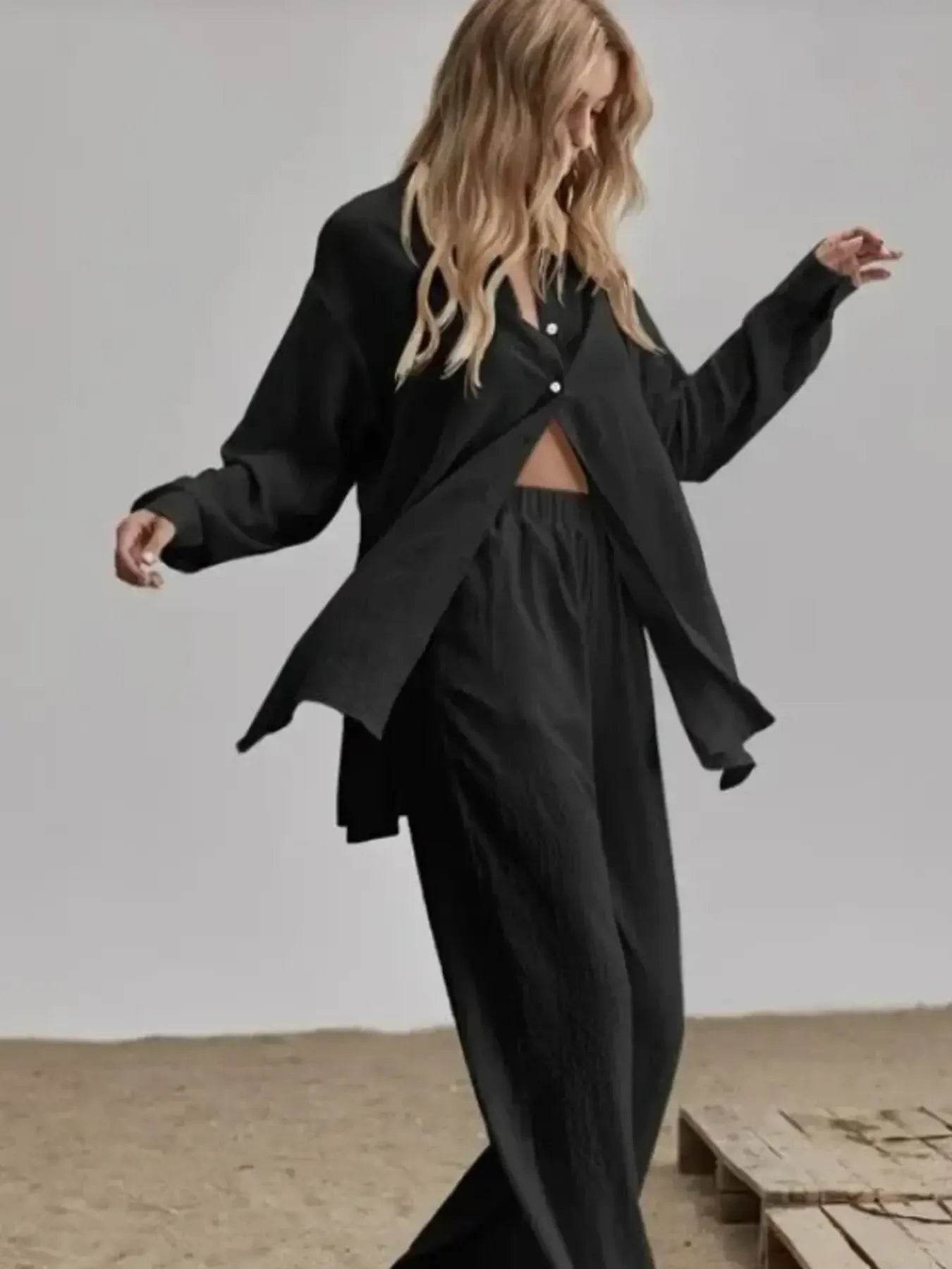 Button Up Long Sleeve Shirt and Pants Set - Byyde