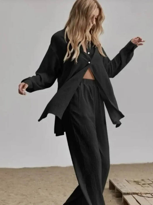 Button Up Long Sleeve Shirt and Pants Set - Byyde