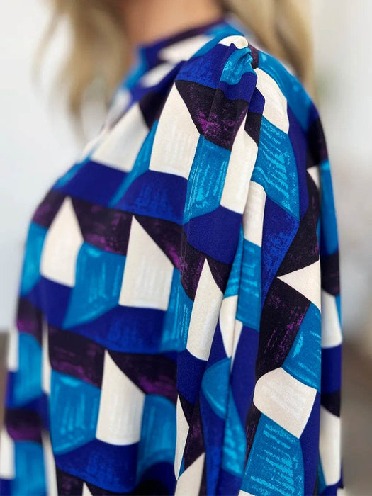 Double Take Full Size Geometric Notched Half Sleeve Blouse - Byyde