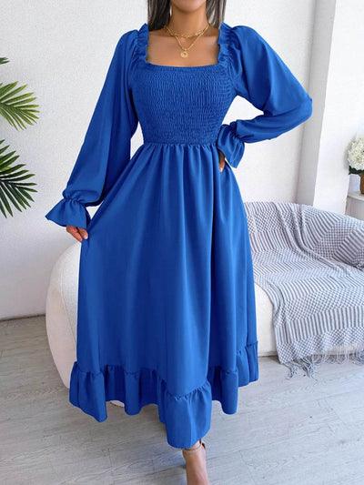 Smocked Square Neck Flounce Sleeve Dress - Byyde