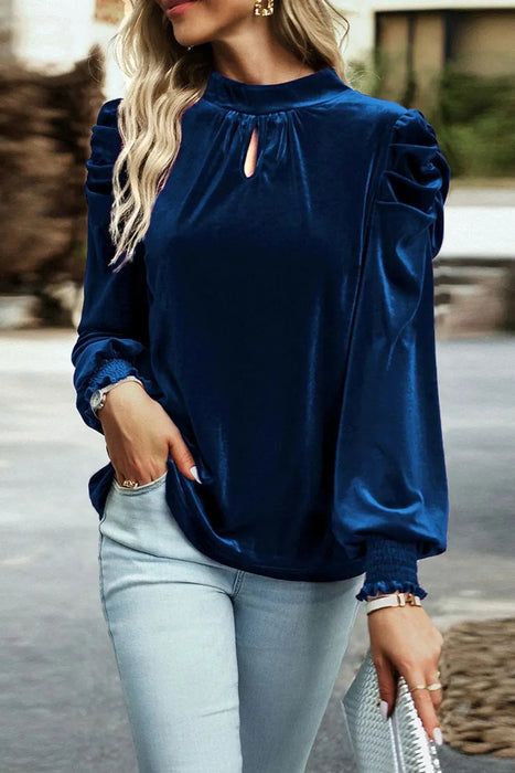 Tie Up Mock Neck Velvet Fabric Long Sleeve Blouse - Byyde