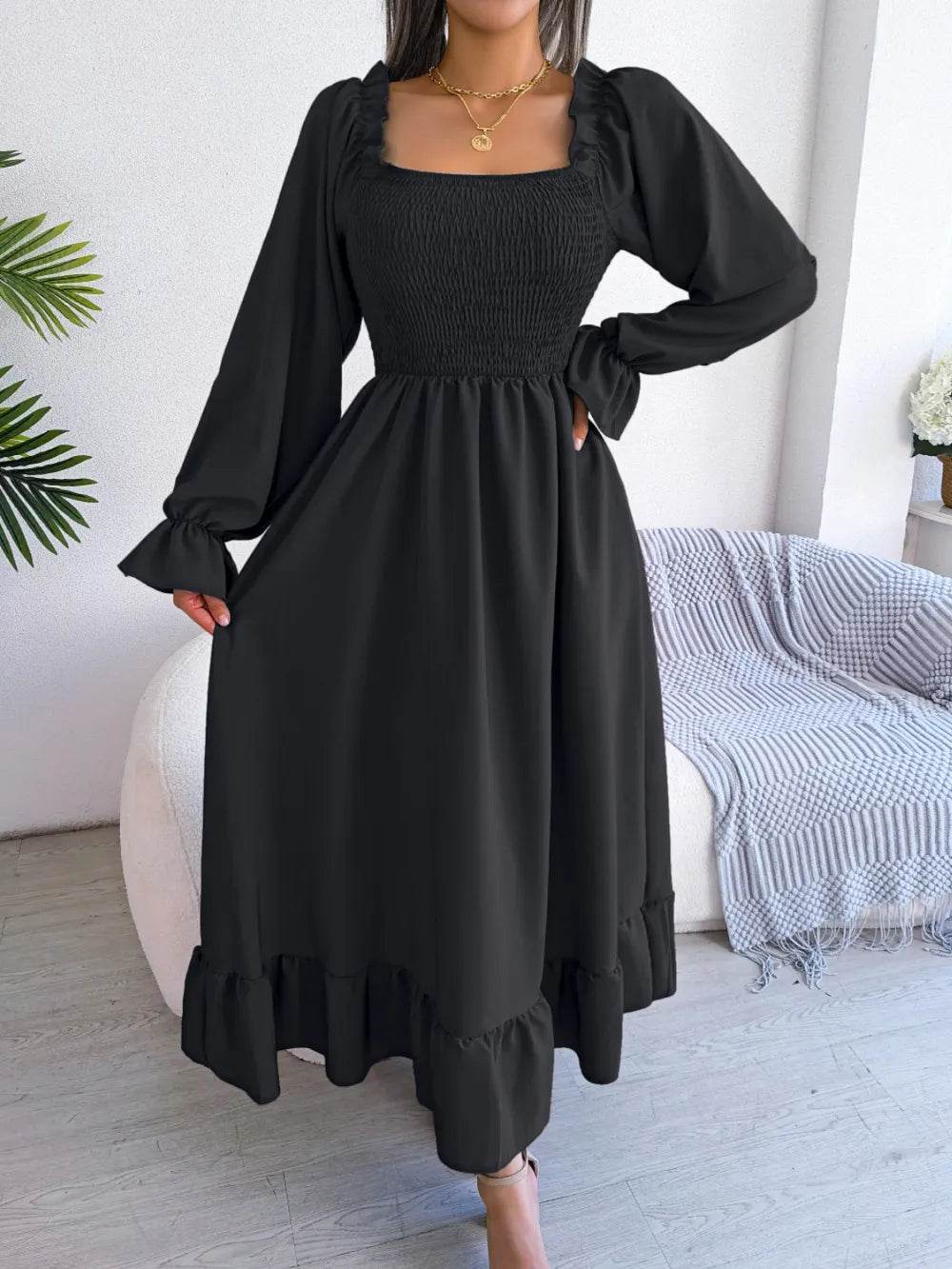 Smocked Square Neck Flounce Sleeve Dress - Byyde