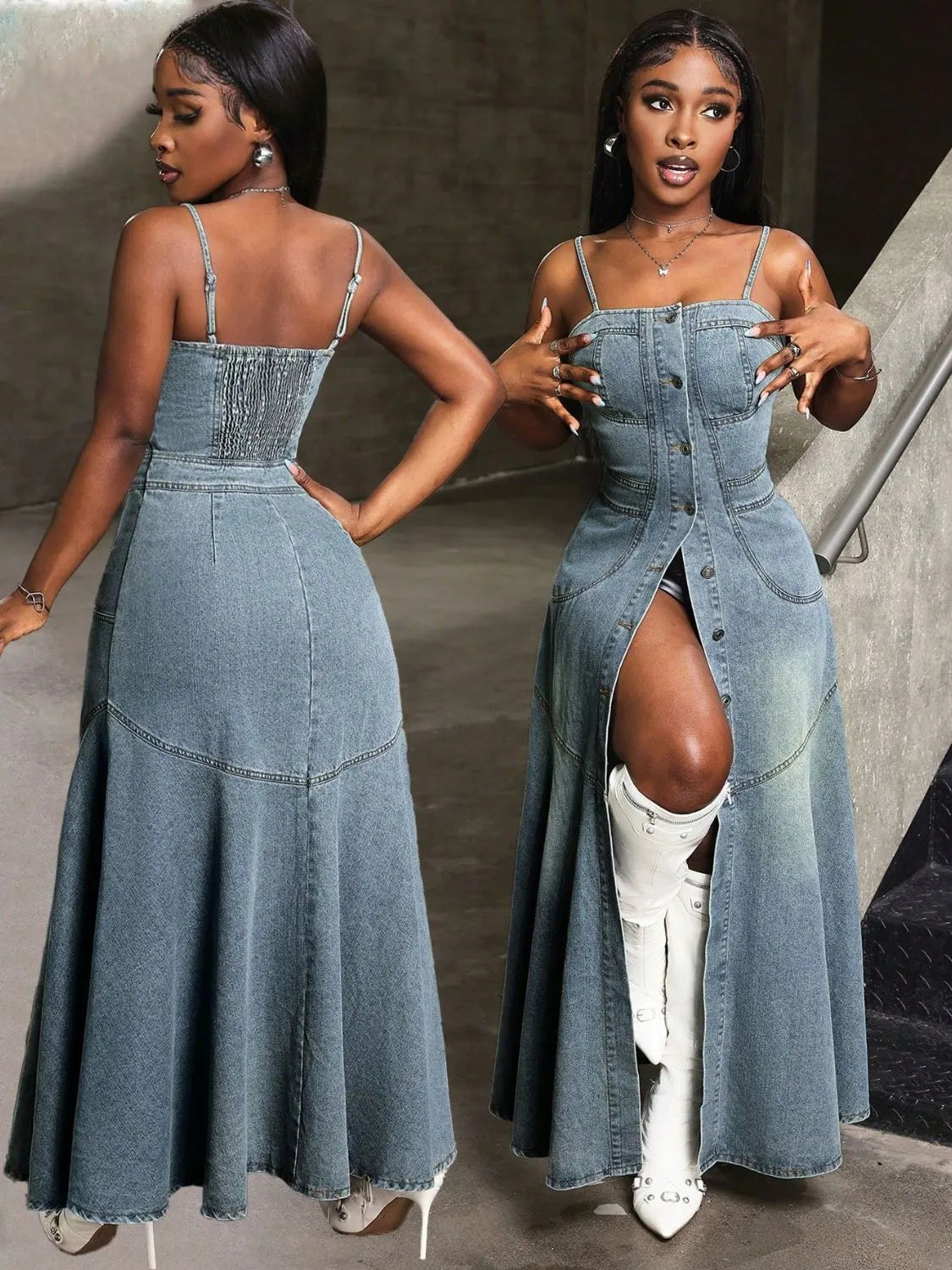 Smocked Button Front Denim Cami Dress - Byyde