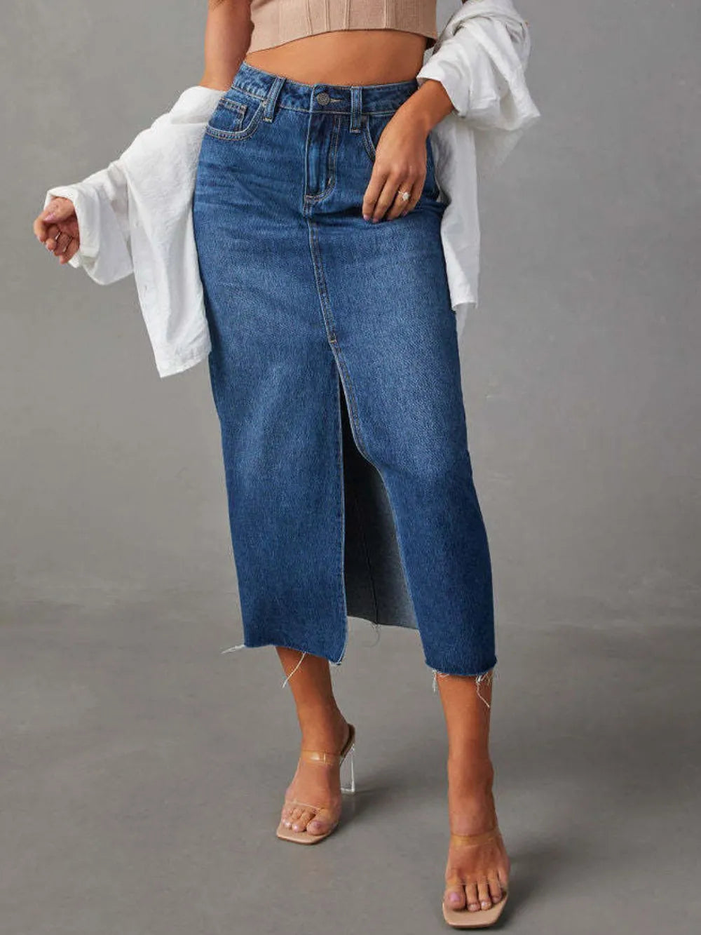Raw Hem Front Slit Denim Midi Skirt - Byyde