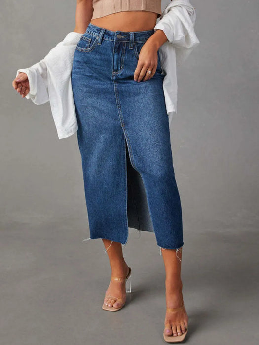 Raw Hem Front Slit Denim Midi Skirt - Byyde