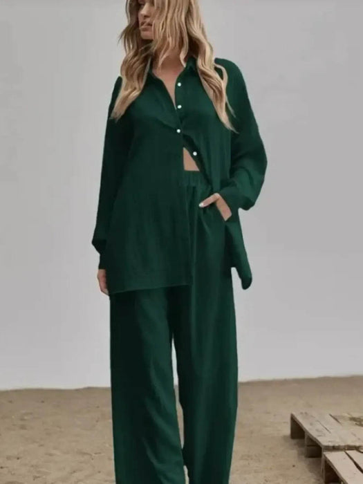 Button Up Long Sleeve Shirt and Pants Set - Byyde