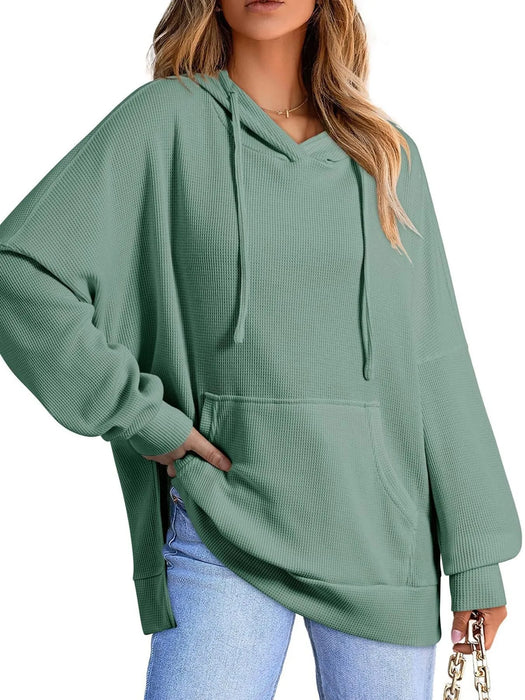 Slit Drawstring Waffle Knit Hoodie - Byyde