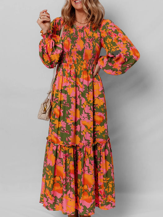 Smocked Floral Print Long Sleeve Maxi Dress - Byyde