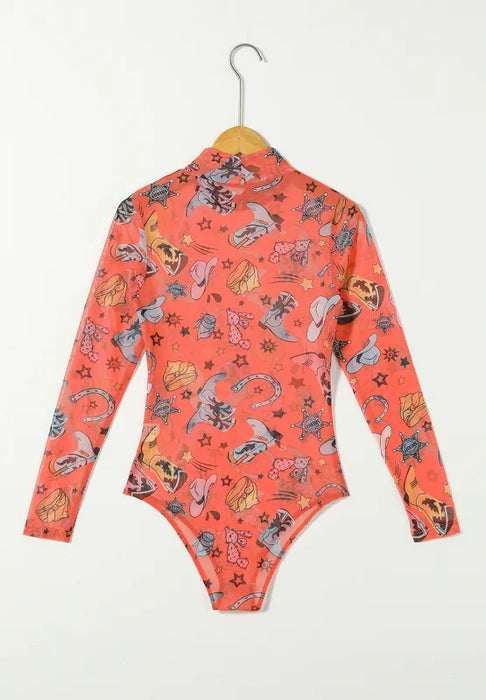 Printed Mock Neck Long Sleeve Bodysuit - Byyde