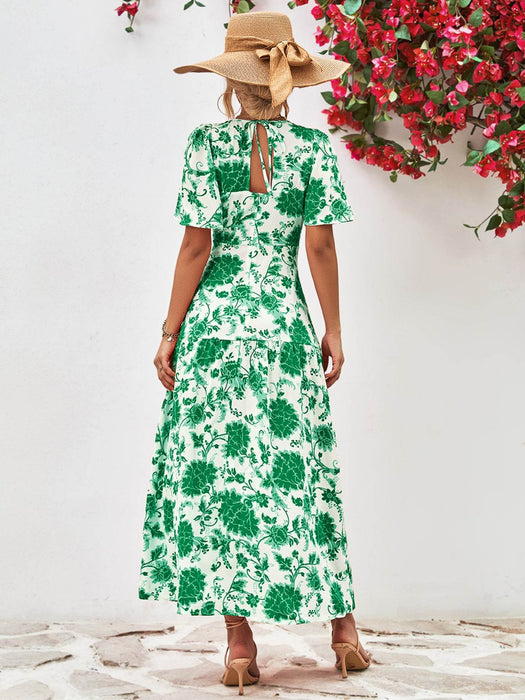 Floral Round Neck Tied Open Back Dress - Byyde