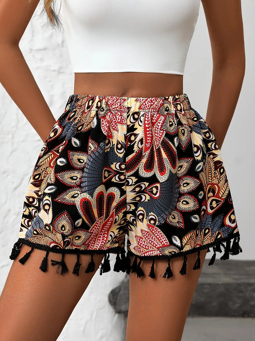 Paisley Print Tassel Hem Shorts - Byyde
