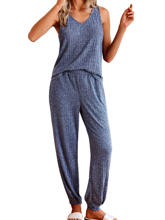 Ribbed Knit V-Neck Tank and Pants Lounge Set - Byyde