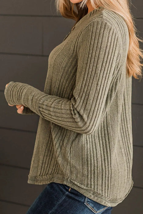Ribbed Buttoned Long Sleeve Blouse - Byyde