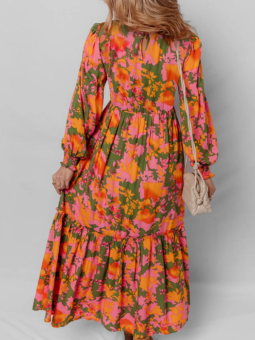 Smocked Floral Print Long Sleeve Maxi Dress - Byyde